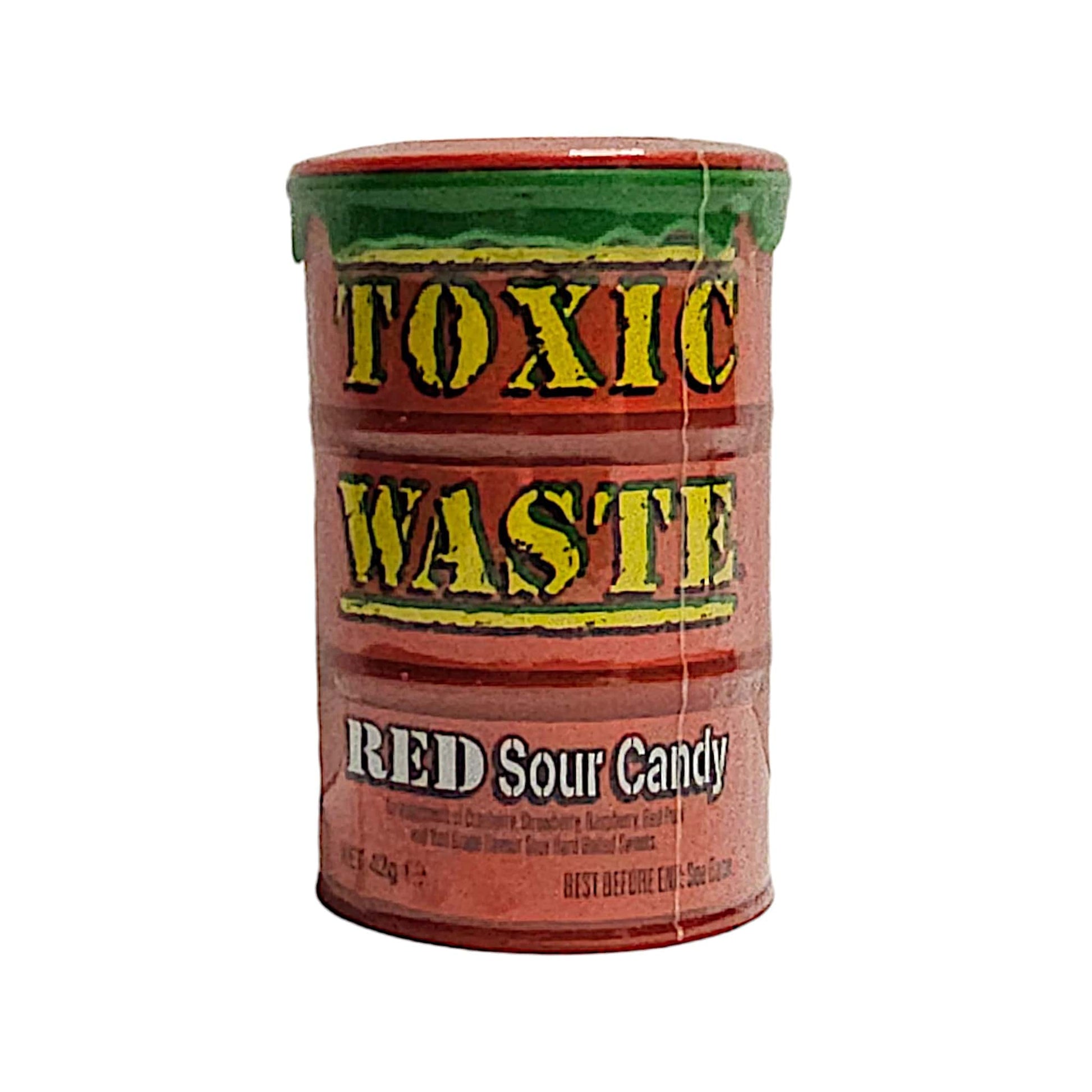 Toxic Waste Red Sour Candy, Close Up, Voorkant